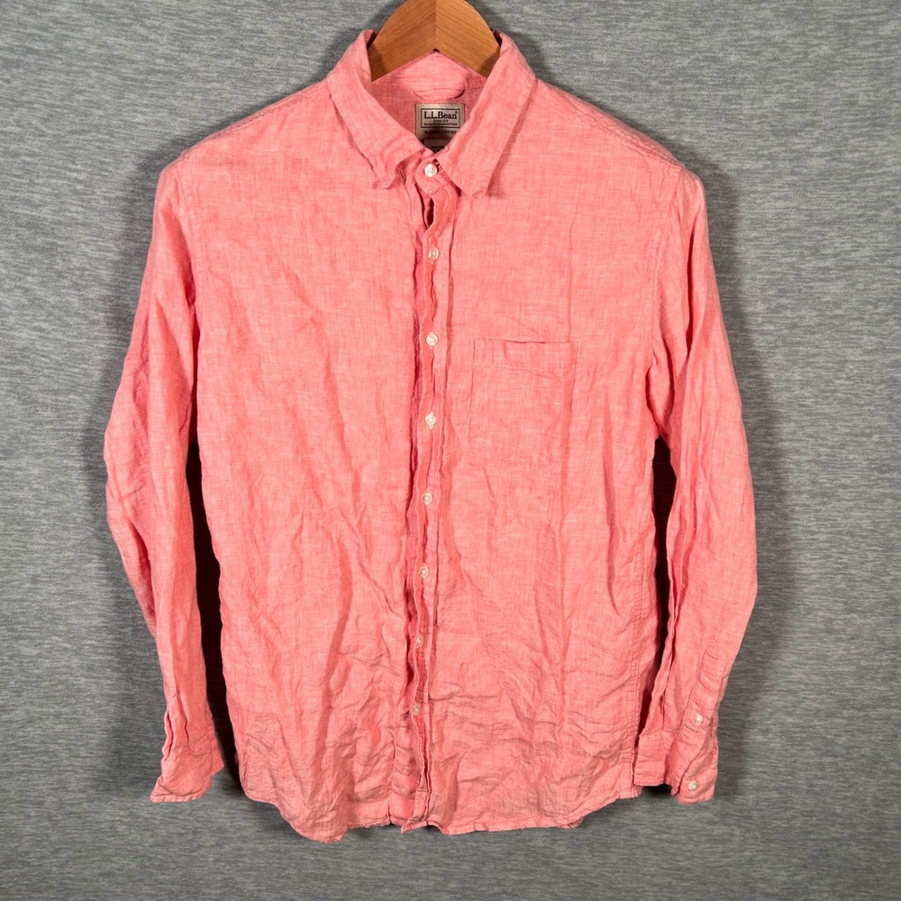 LL Bean Linen Shirt Mens M Tall Pink Long Sleeve Slightly Fitted Spring Summer - Picture 2 of 8